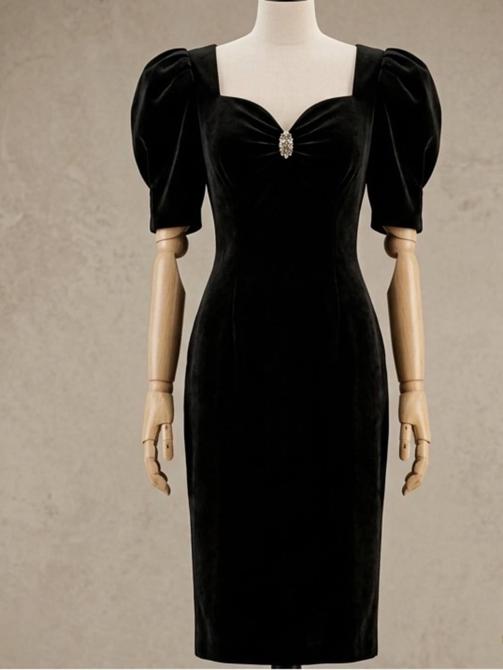 Cache Black Velvet Midi Dress with Puff Sleeves and Brooch